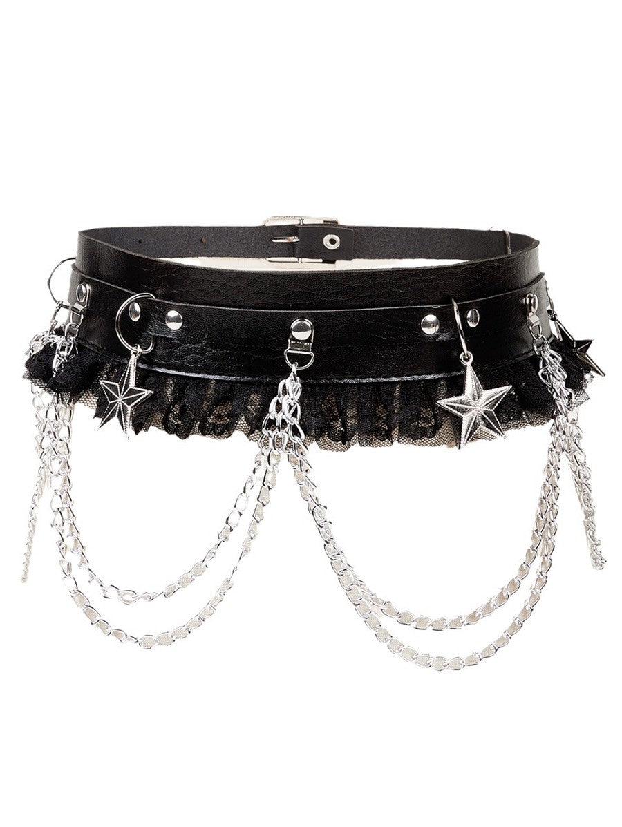 Punk Style Rivet Lace Panel Buckle Strap Waist Belt Star Chain Embellishment  Belt