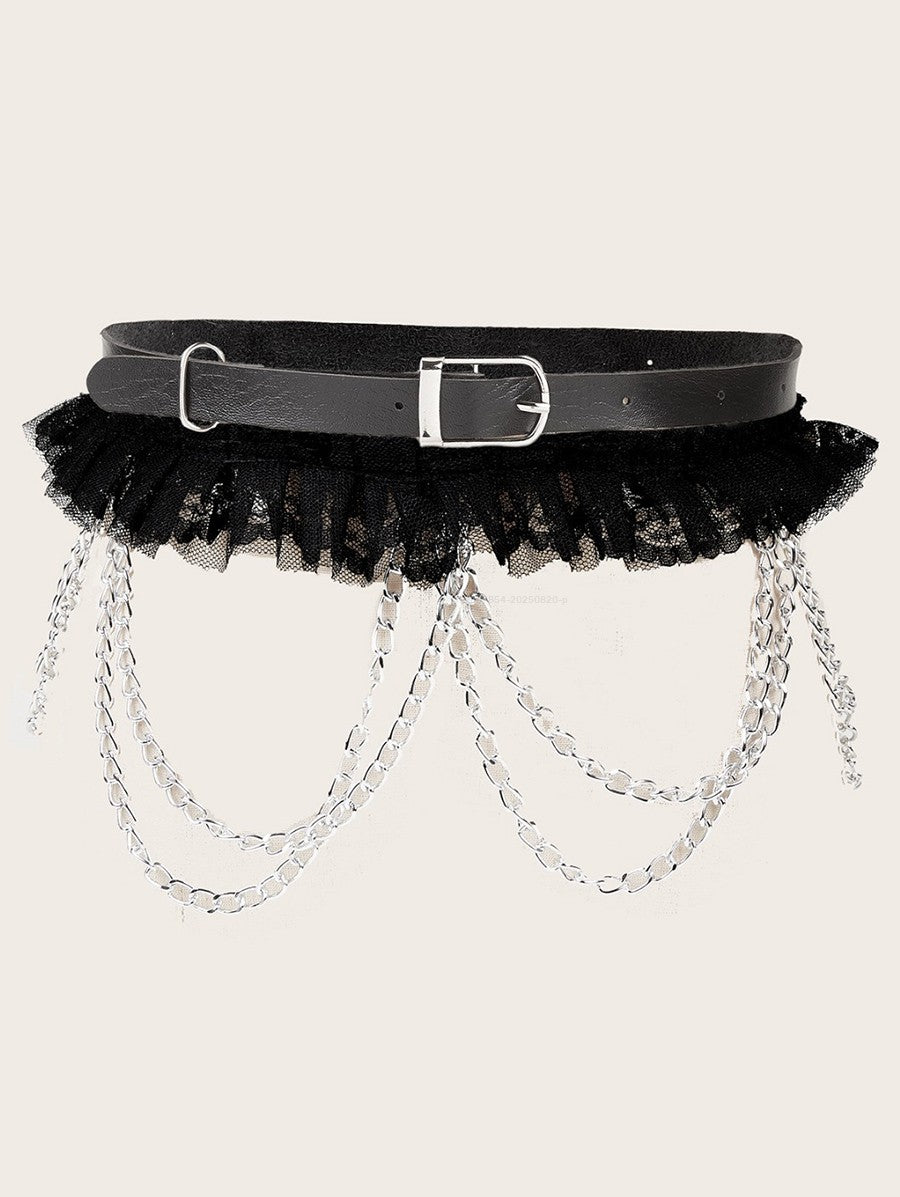 Punk Style Rivet Lace Panel Buckle Strap Waist Belt Star Chain Embellishment  Belt