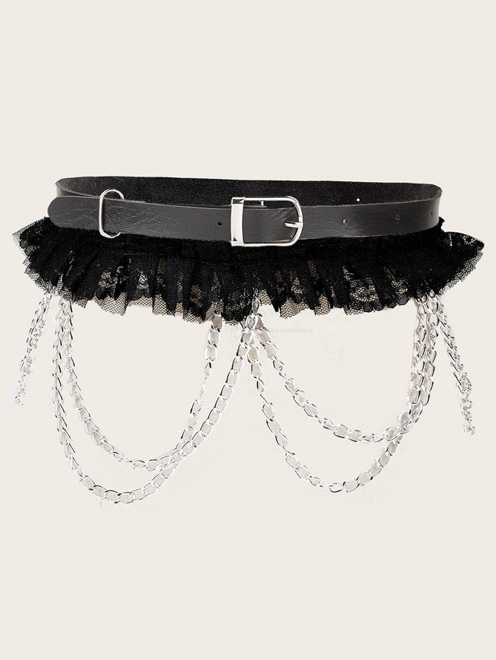 Punk Style Rivet Lace Panel Buckle Strap Waist Belt Star Chain Embellishment  Belt