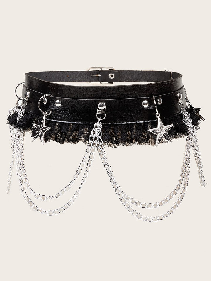 Punk Style Rivet Lace Panel Buckle Strap Waist Belt Star Chain Embellishment  Belt