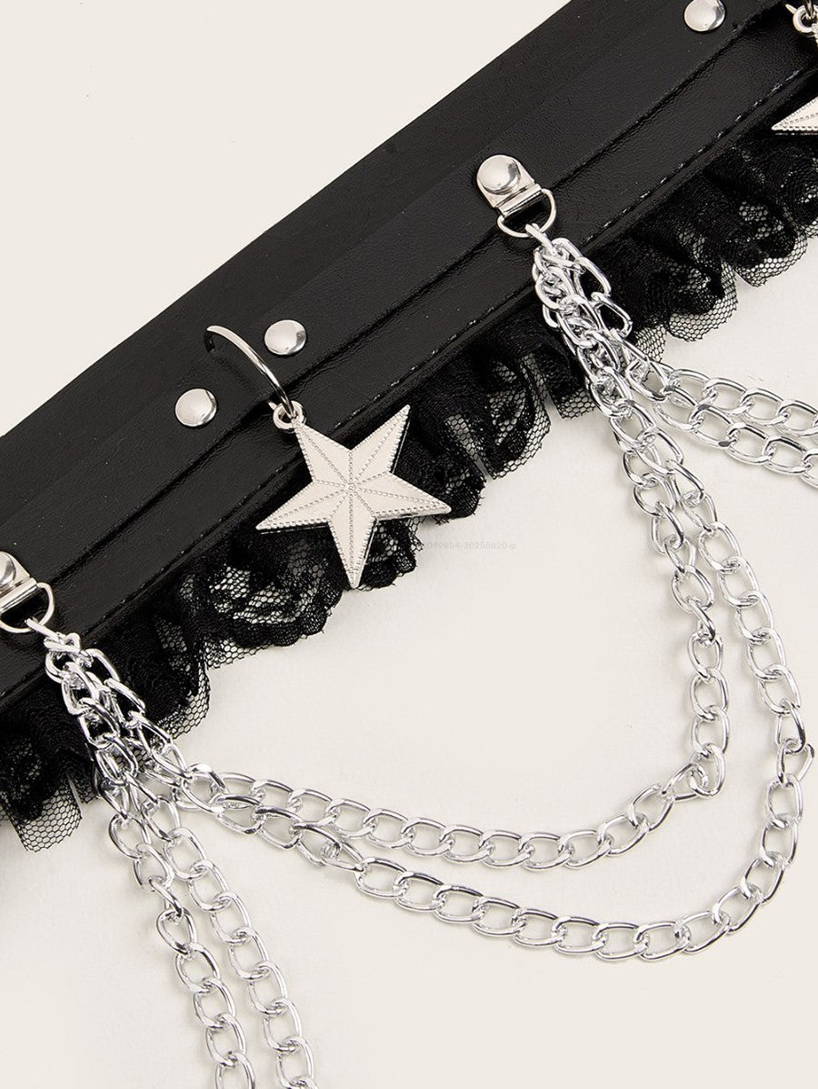 Punk Style Rivet Lace Panel Buckle Strap Waist Belt Star Chain Embellishment  Belt