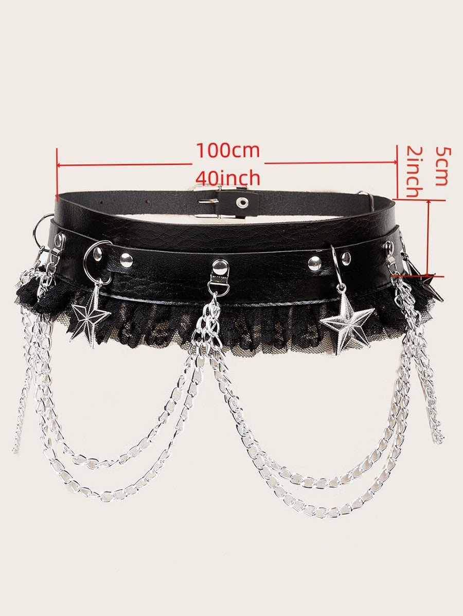 Punk Style Rivet Lace Panel Buckle Strap Waist Belt Star Chain Embellishment  Belt