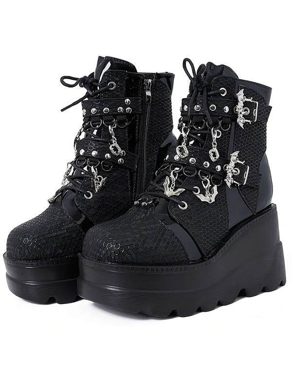 Gothic Lace Up Bat Pendant Thick Platform Side Zipper Martin Boots