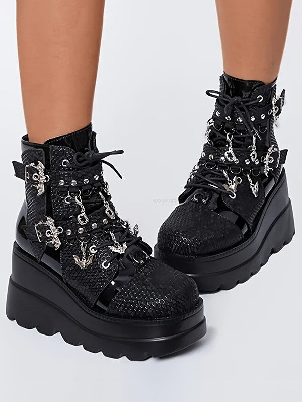 Gothic Lace Up Bat Pendant Thick Platform Side Zipper Martin Boots