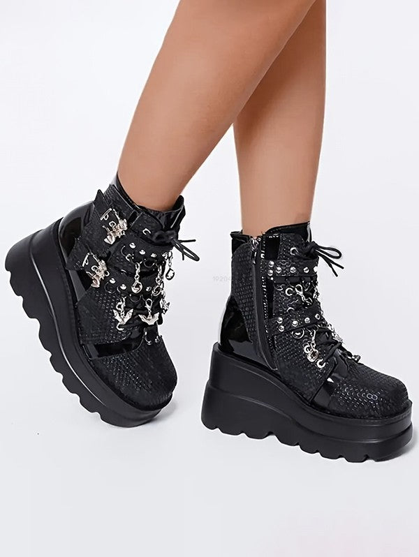Gothic Lace Up Bat Pendant Thick Platform Side Zipper Martin Boots