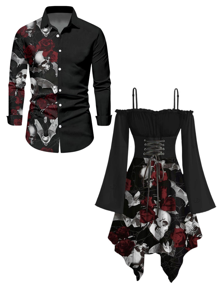 Gothic Couple Outfit -Skull Rose Print Lace Up Off the Shoulder Dress & Matching Shirt
