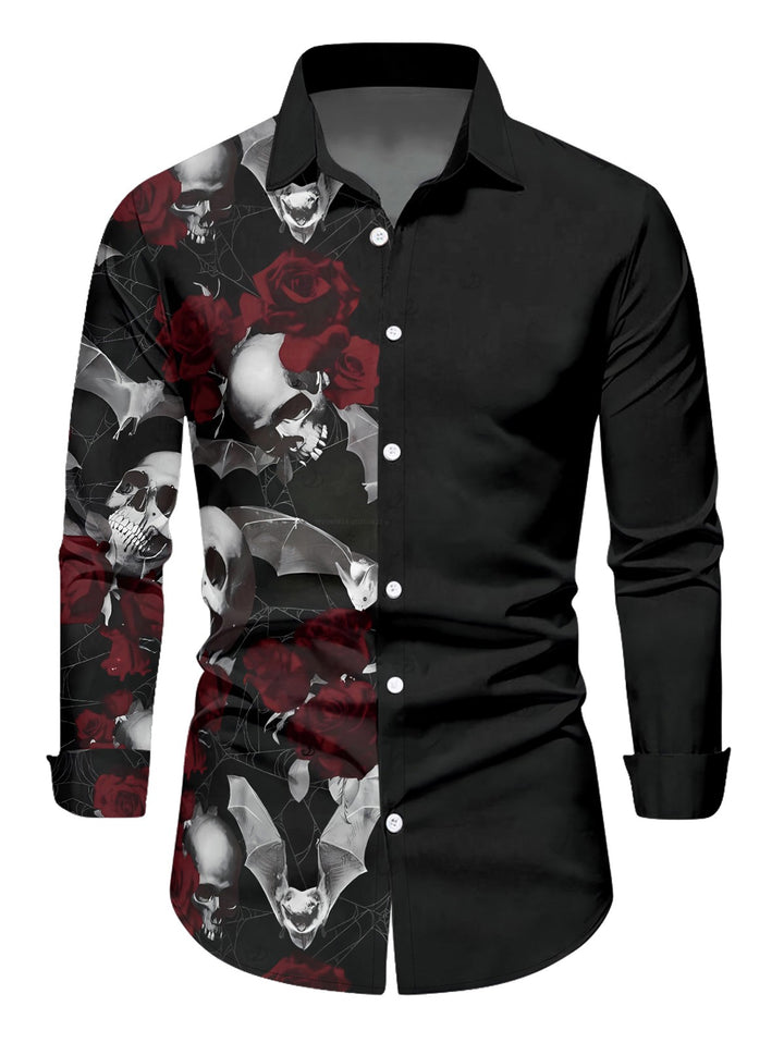 Gothic Couple Outfit -Skull Rose Print Lace Up Off the Shoulder Dress & Matching Shirt