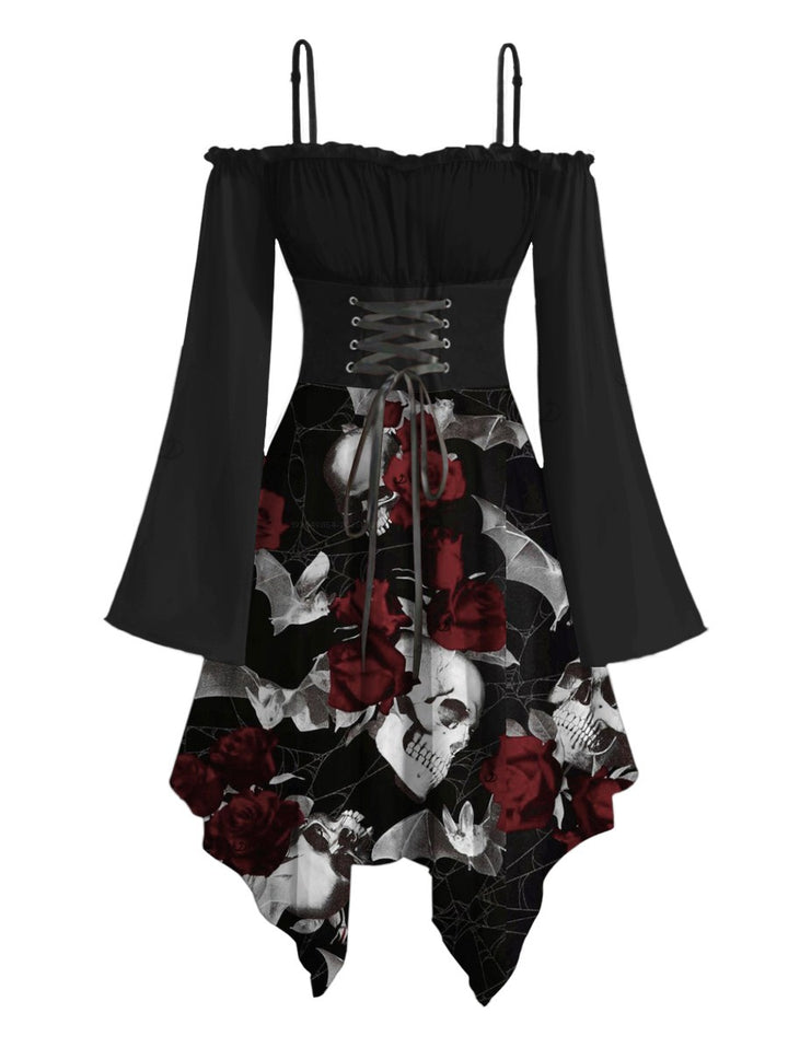 Gothic Couple Outfit -Skull Rose Print Lace Up Off the Shoulder Dress & Matching Shirt