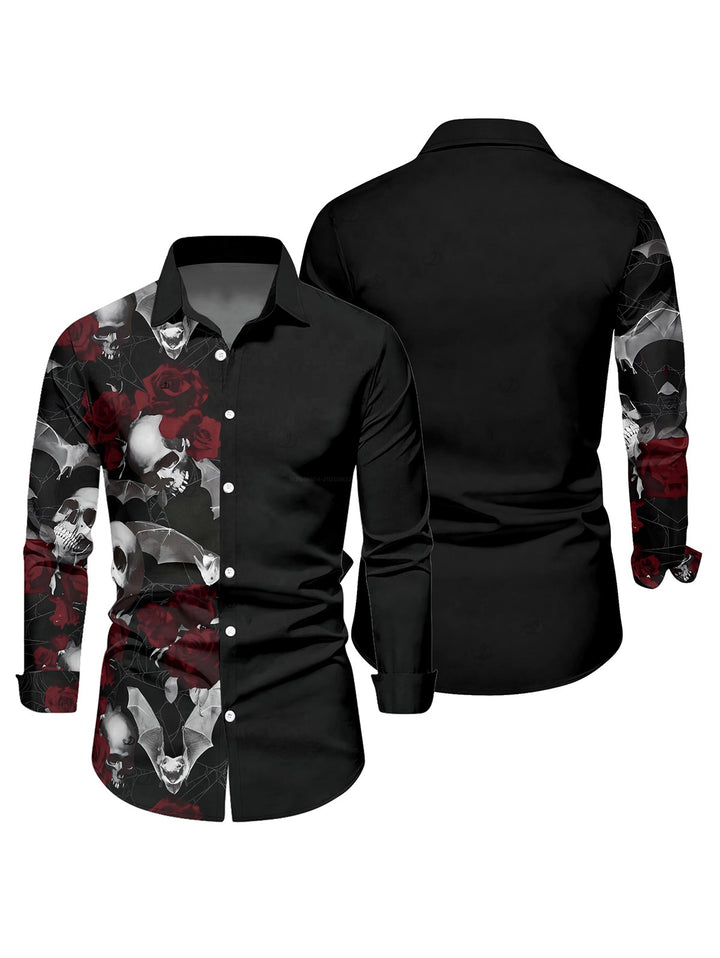 Men's Gothic Skulls Rose Print Long Sleeve Shirt for Halloween