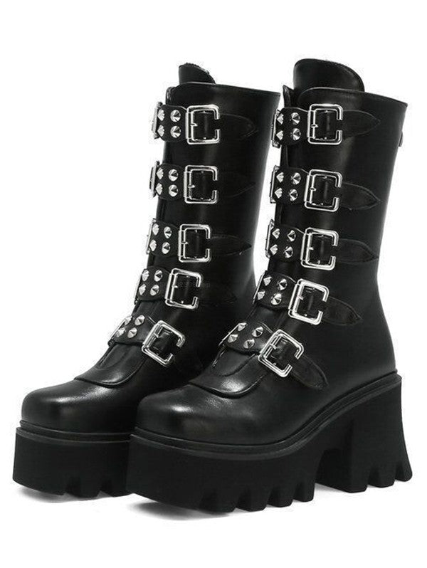 Solid Color Buckle Strap Back Zipper Thick Platform Punk Style Boots