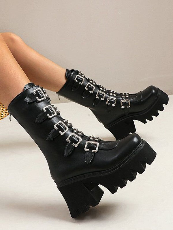 Solid Color Buckle Strap Back Zipper Thick Platform Punk Style Boots