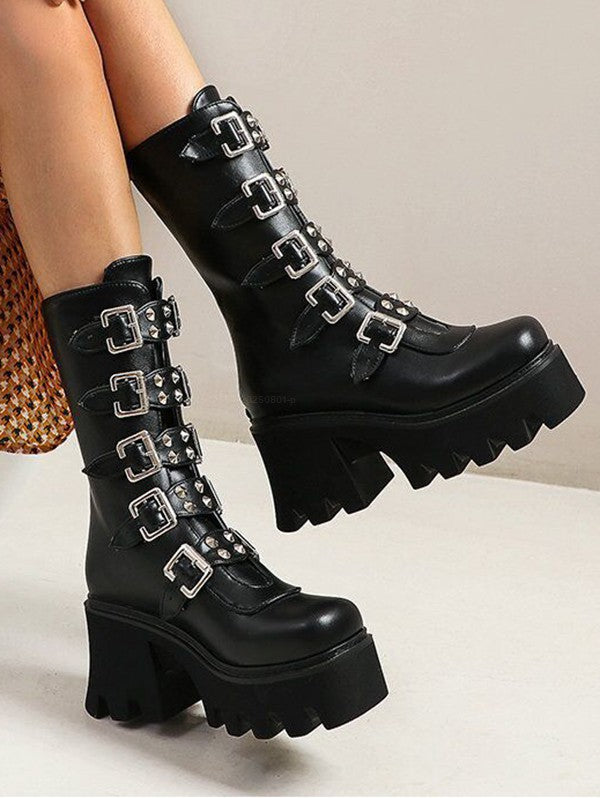 Solid Color Buckle Strap Back Zipper Thick Platform Punk Style Boots