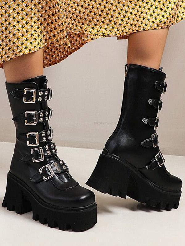 Solid Color Buckle Strap Back Zipper Thick Platform Punk Style Boots