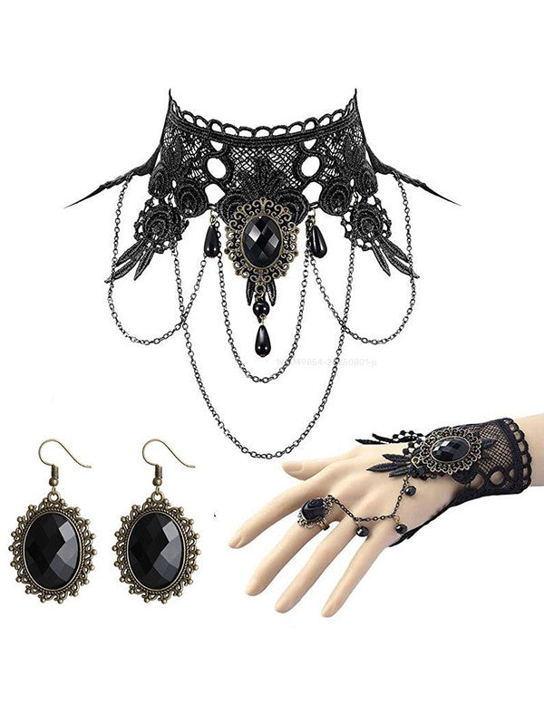 Lace Artificial Gem Chain Choker Bracelet & Ring and Earrings Gothic Set - BLACK