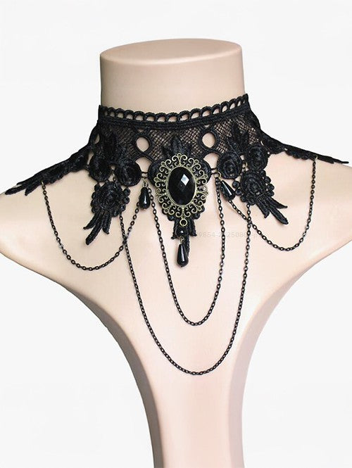 Lace Artificial Gem Chain Choker Bracelet & Ring and Earrings Gothic Set - BLACK