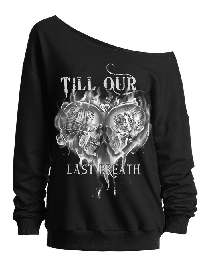 Gothic Sweatshirt for Halloween Skulls Heart Letter Print Skew Neck Top