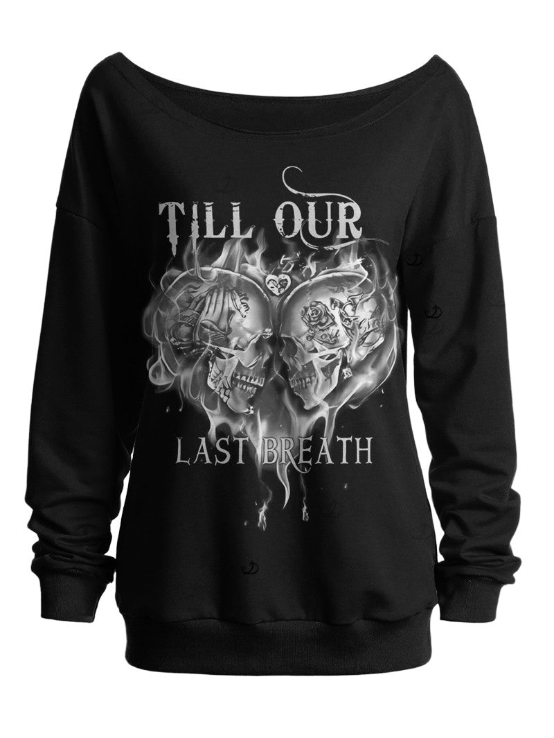 Gothic Sweatshirt for Halloween Skulls Heart Letter Print Skew Neck Top