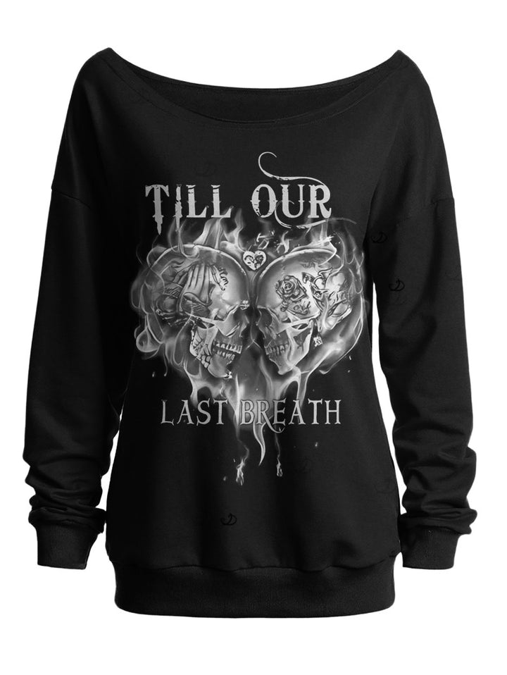 Gothic Sweatshirt for Halloween Skulls Heart Letter Print Skew Neck Top