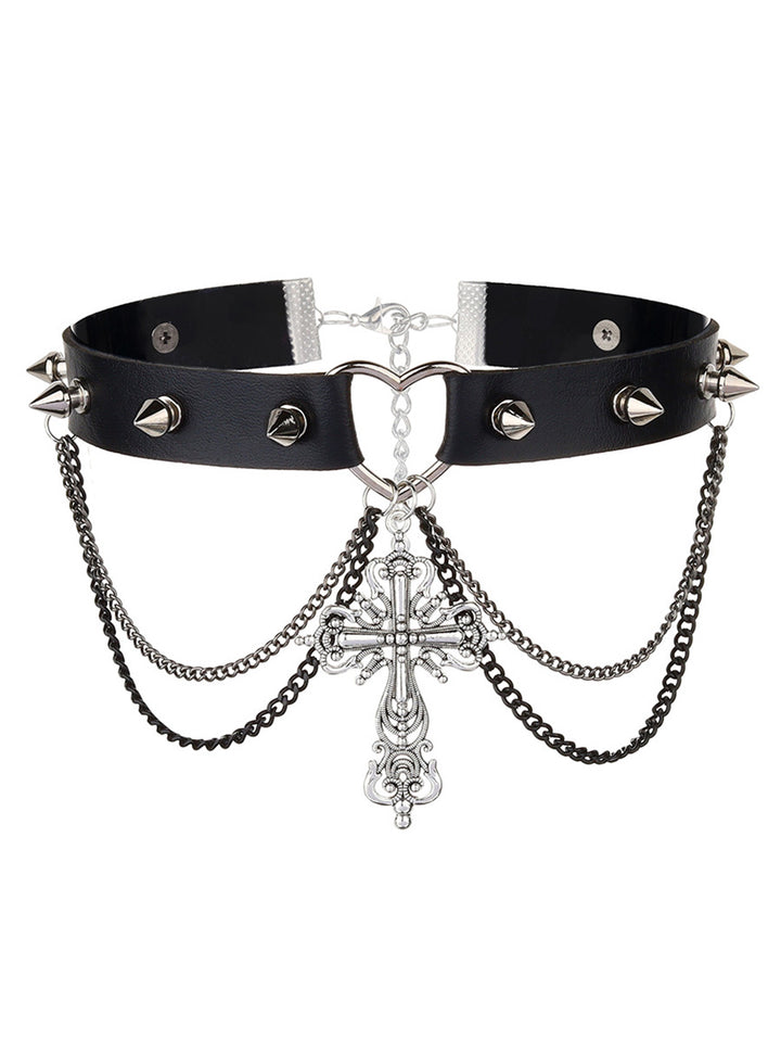 Cross Pendant Rivet Punk Choker Chain Details Gothic Necklace