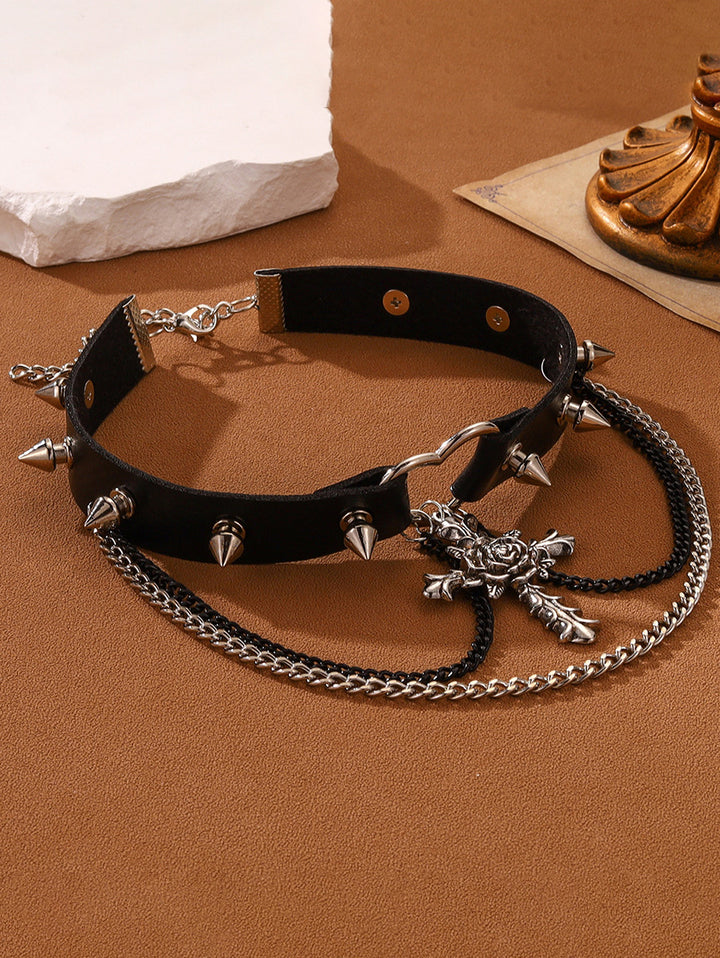 Cross Pendant Rivet Punk Choker Chain Details Gothic Necklace