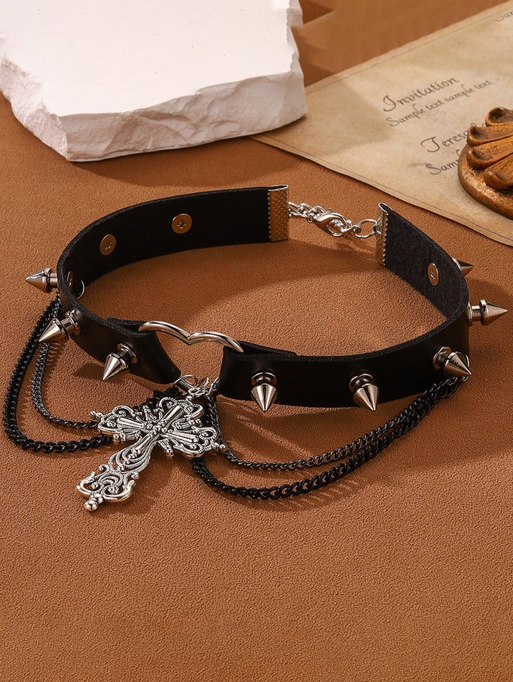Cross Pendant Rivet Punk Choker Chain Details Gothic Necklace