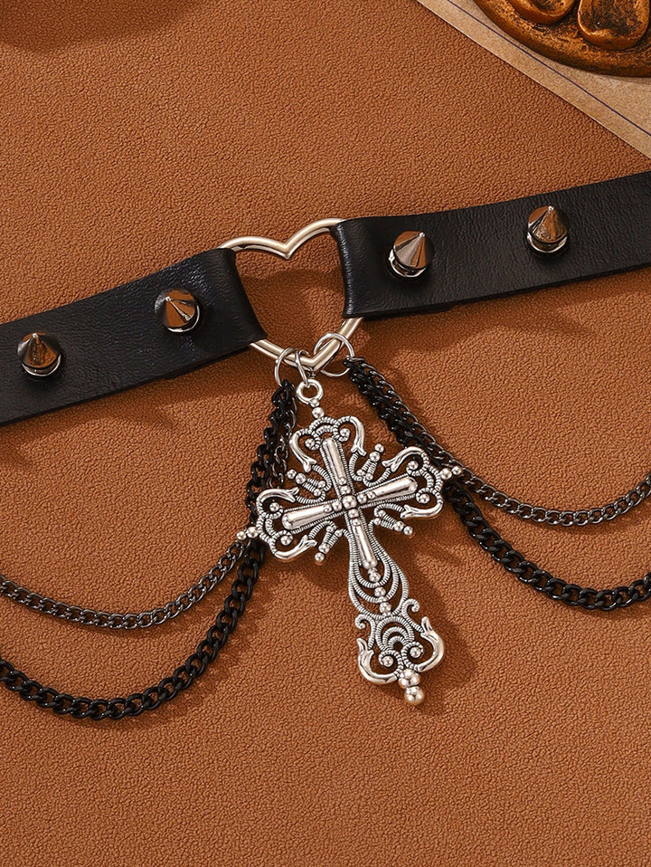 Cross Pendant Rivet Punk Choker Chain Details Gothic Necklace