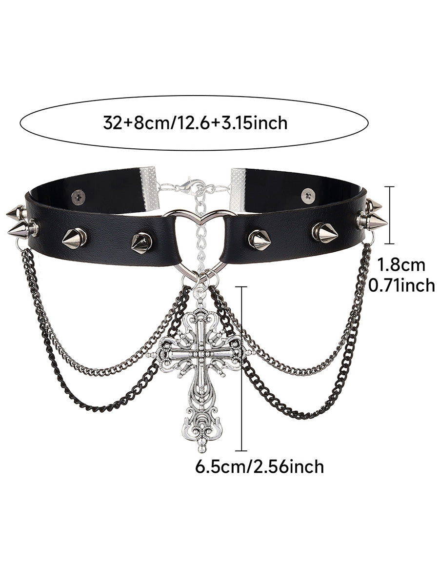 Cross Pendant Rivet Punk Choker Chain Details Gothic Necklace