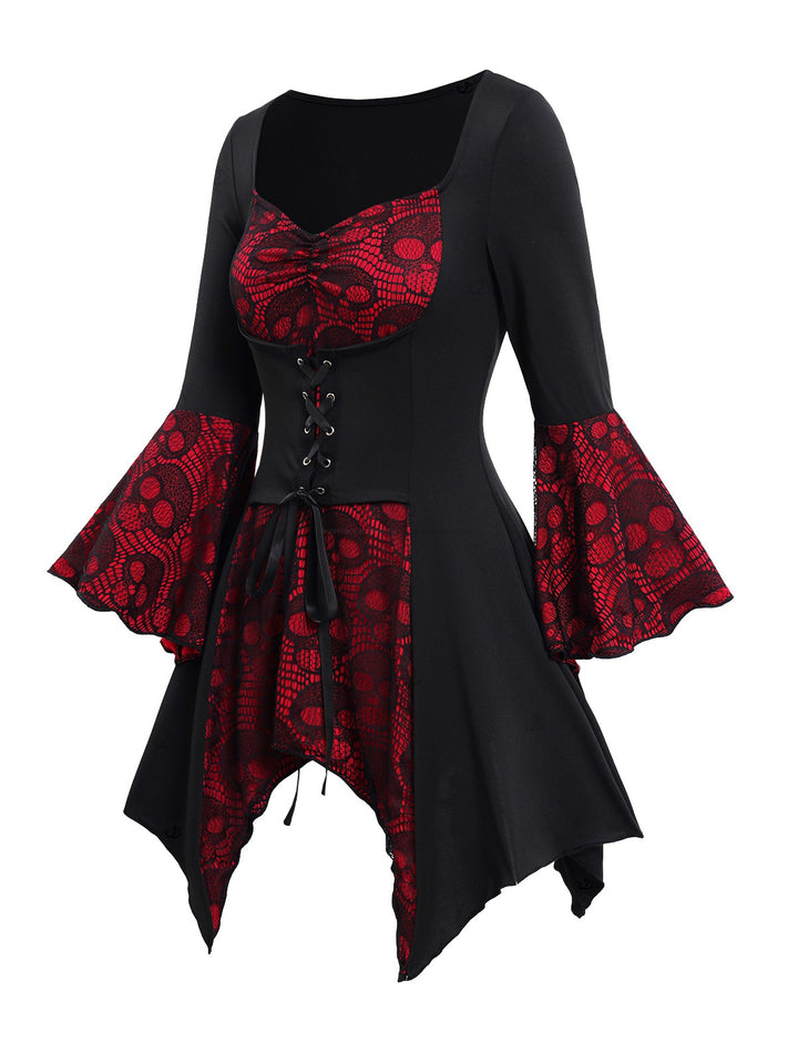 Gothic Top for Halloween Colorblock Skull Lace Up Handkerchief Hem Long Top