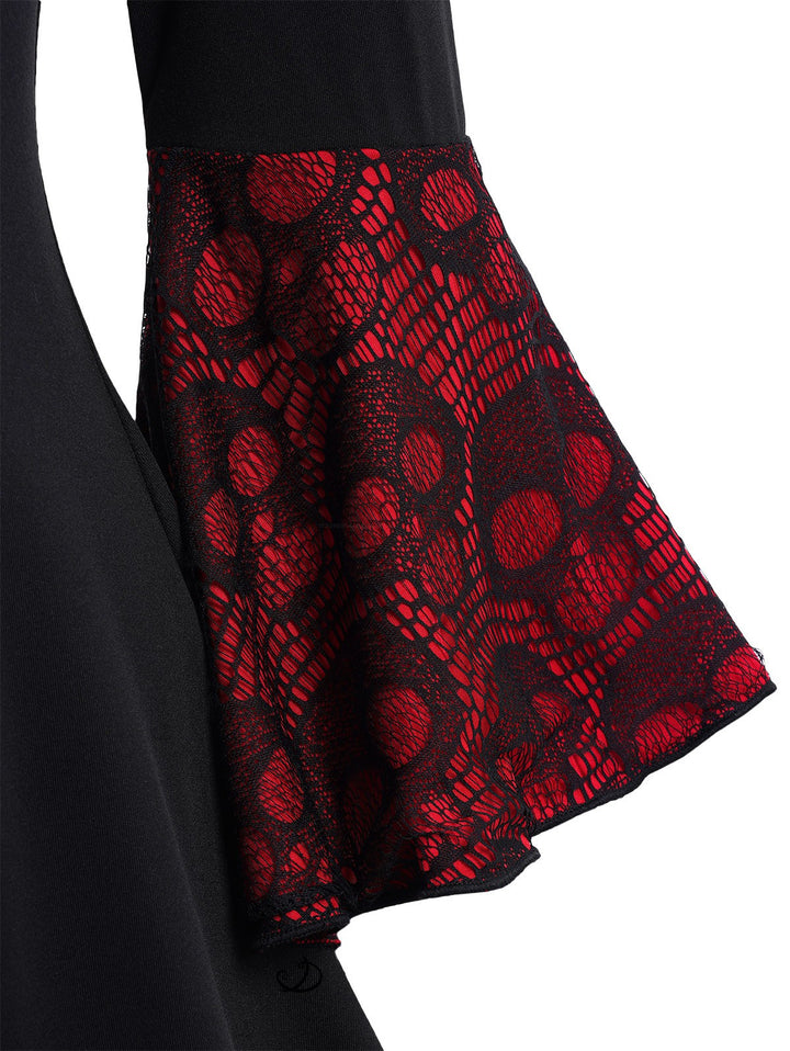 Gothic Top for Halloween Colorblock Skull Lace Up Handkerchief Hem Long Top