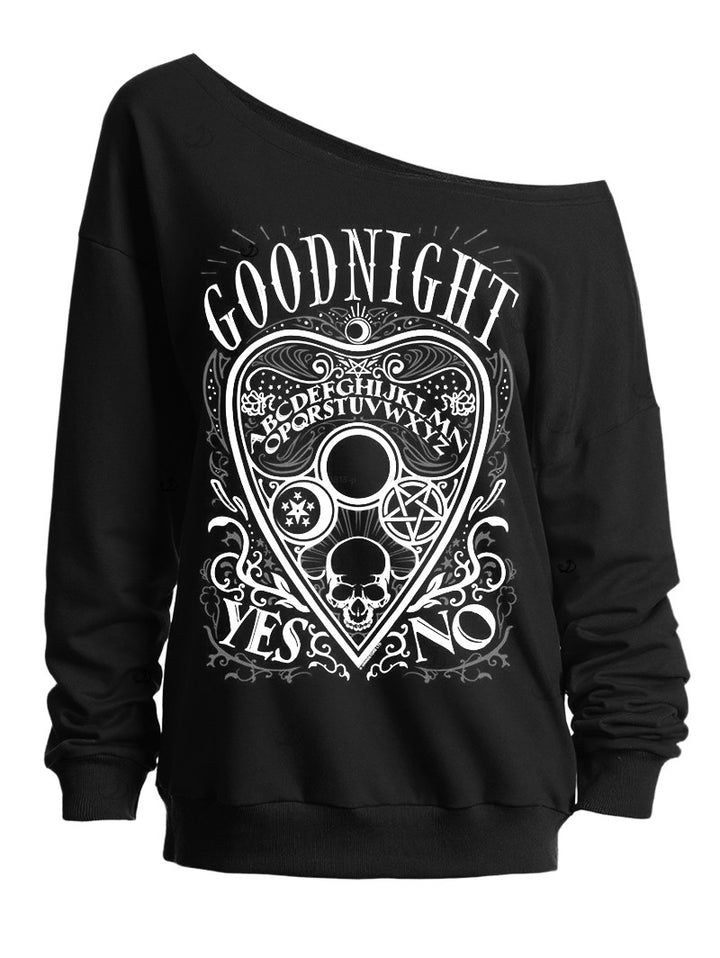 Gothic Skull Letter Heart Print Skew Neck Sweatshirt
