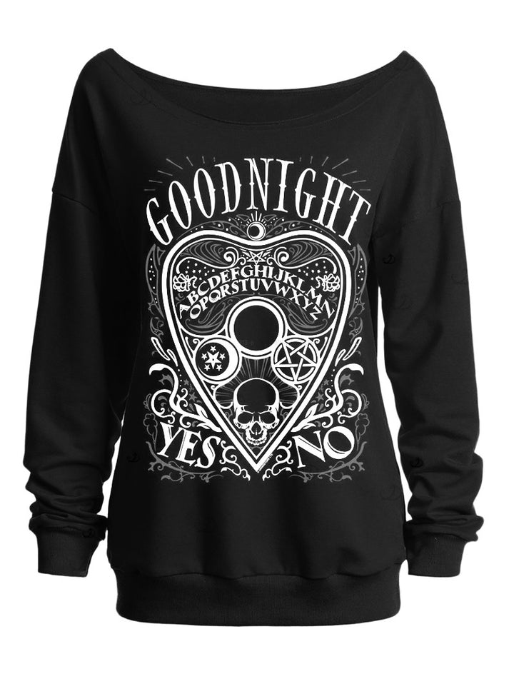 Gothic Skull Letter Heart Print Skew Neck Sweatshirt
