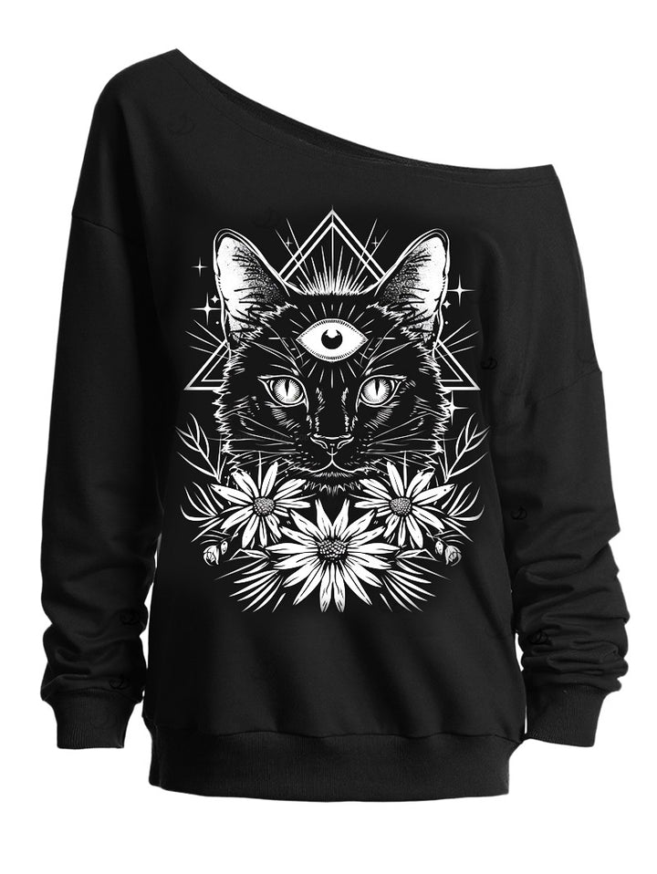 Gothic Sweatshirt Cat Triangle Daisy Floral Print Skew Neck Sweatshirt