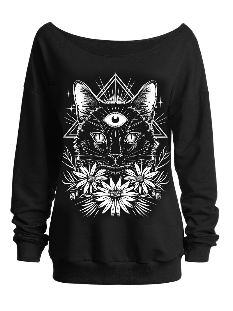 Gothic Sweatshirt Cat Triangle Daisy Floral Print Skew Neck Sweatshirt