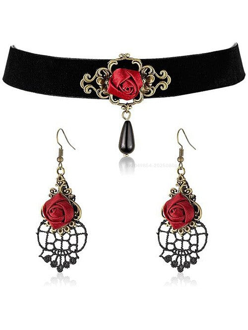 Gothic Accessories Rose Choker & Hollow Out Lace Retro Earrings Set
