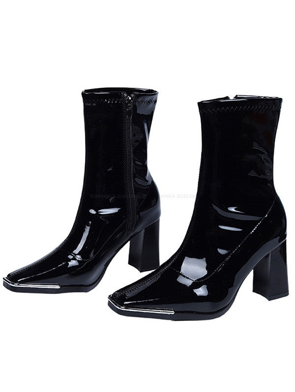 Solid Color Square Toe Chunky Heel Side Zipper Boots