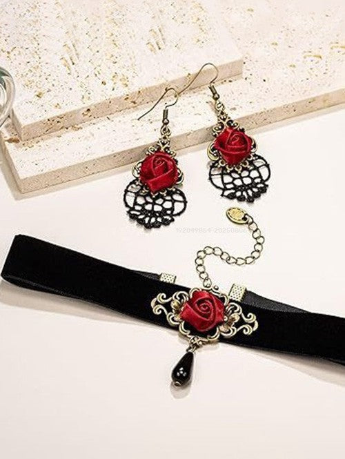 Gothic Accessories Rose Choker & Hollow Out Lace Retro Earrings Set