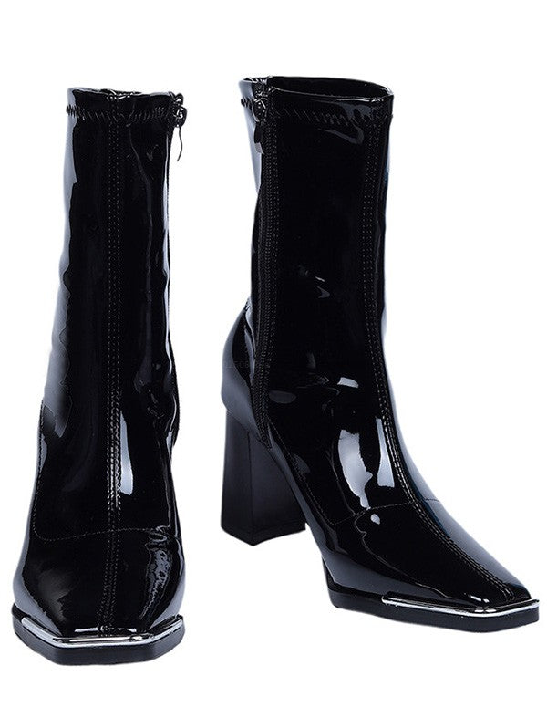 Solid Color Square Toe Chunky Heel Side Zipper Boots