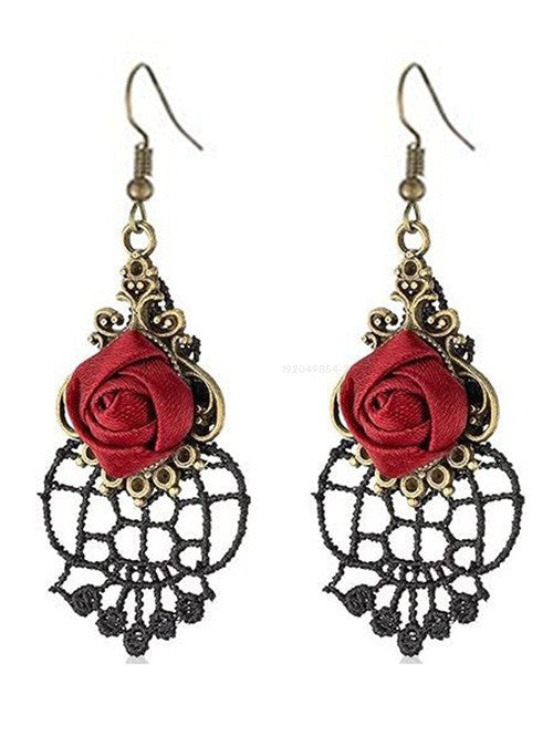 Gothic Accessories Rose Choker & Hollow Out Lace Retro Earrings Set