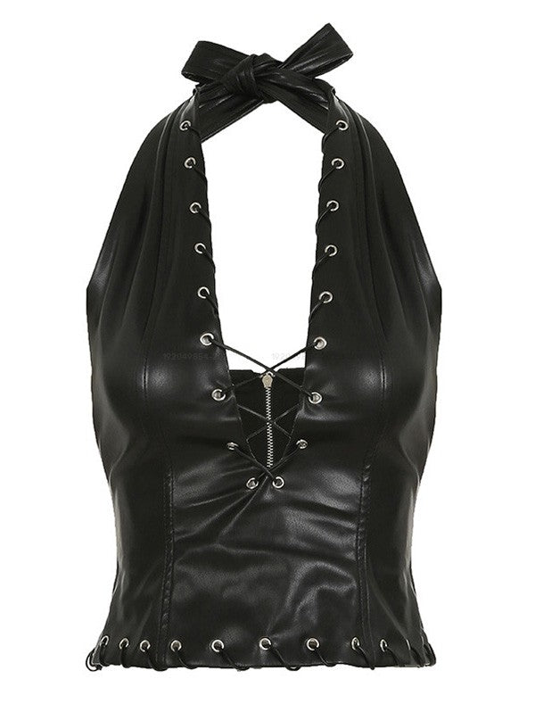 Punk Style Corset Grommet Crossover Open Back Halter Corset