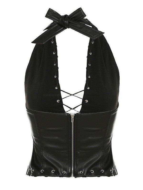 Punk Style Corset Grommet Crossover Open Back Halter Corset