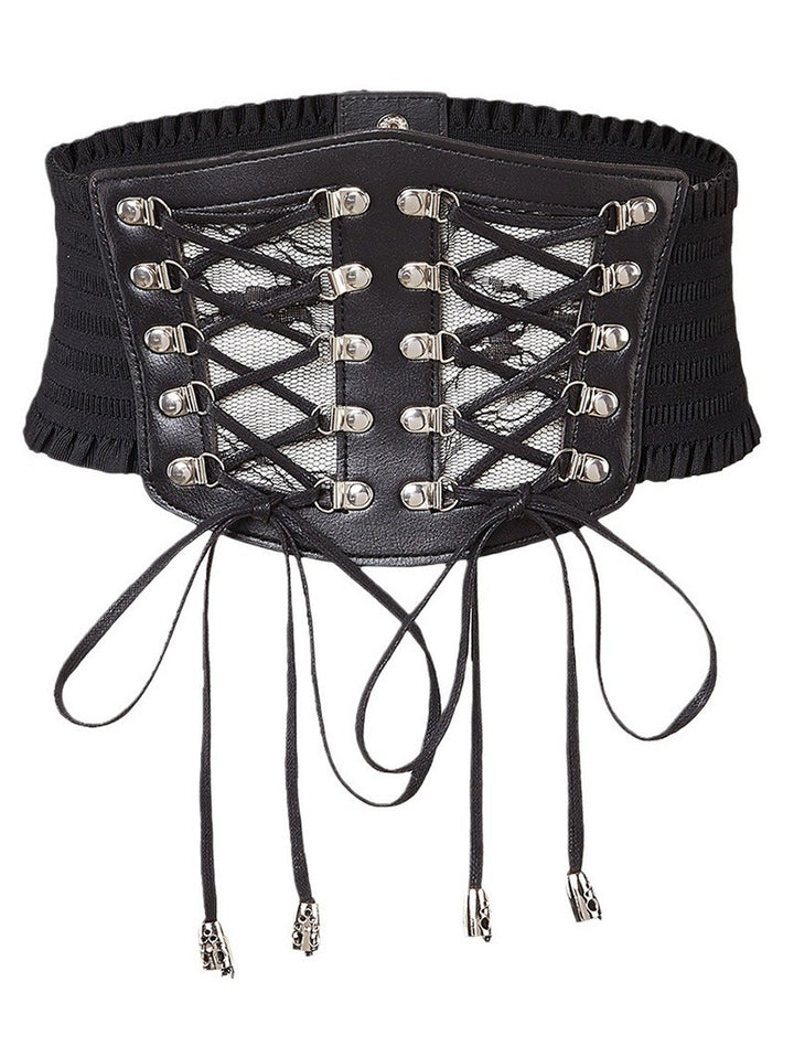 Punk Style Waist Belt Lace Panel Lace Up  Elastic Wide Belt