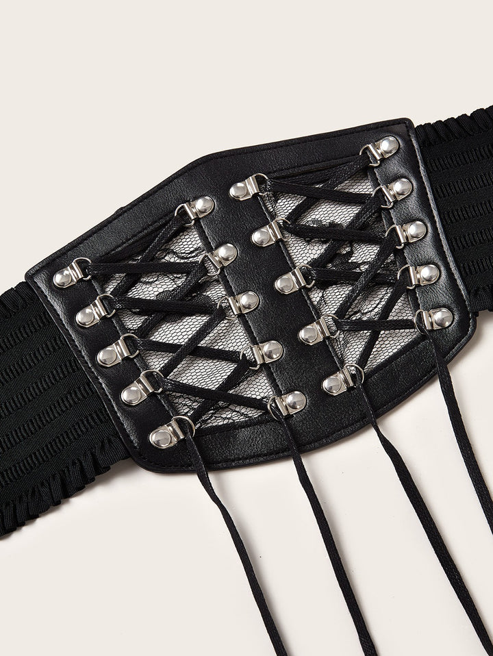 Punk Style Waist Belt Lace Panel Lace Up  Elastic Wide Belt