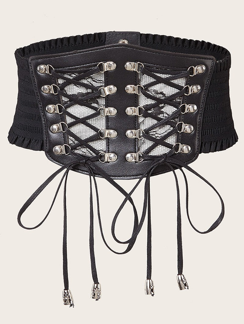 Punk Style Waist Belt Lace Panel Lace Up  Elastic Wide Belt