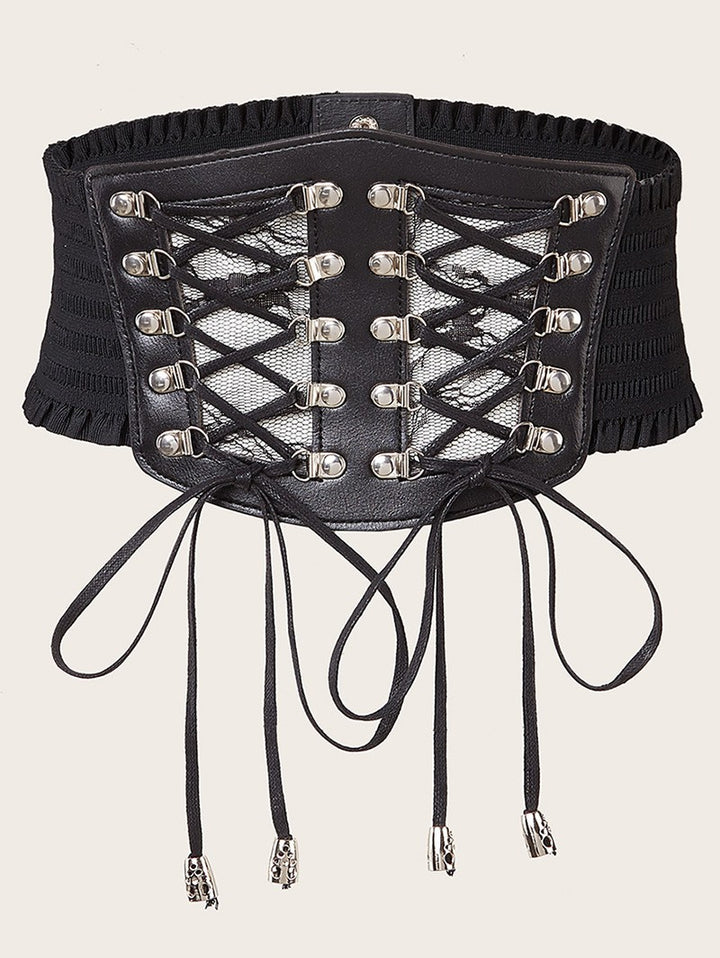 Punk Style Waist Belt Lace Panel Lace Up  Elastic Wide Belt