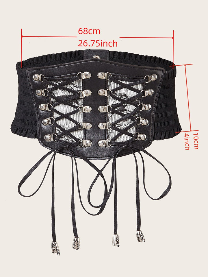 Punk Style Waist Belt Lace Panel Lace Up  Elastic Wide Belt