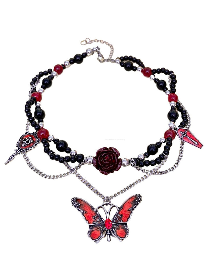 Gothic Beaded Rose Butterfly Skull Cross Chain  Necklace for Halloween