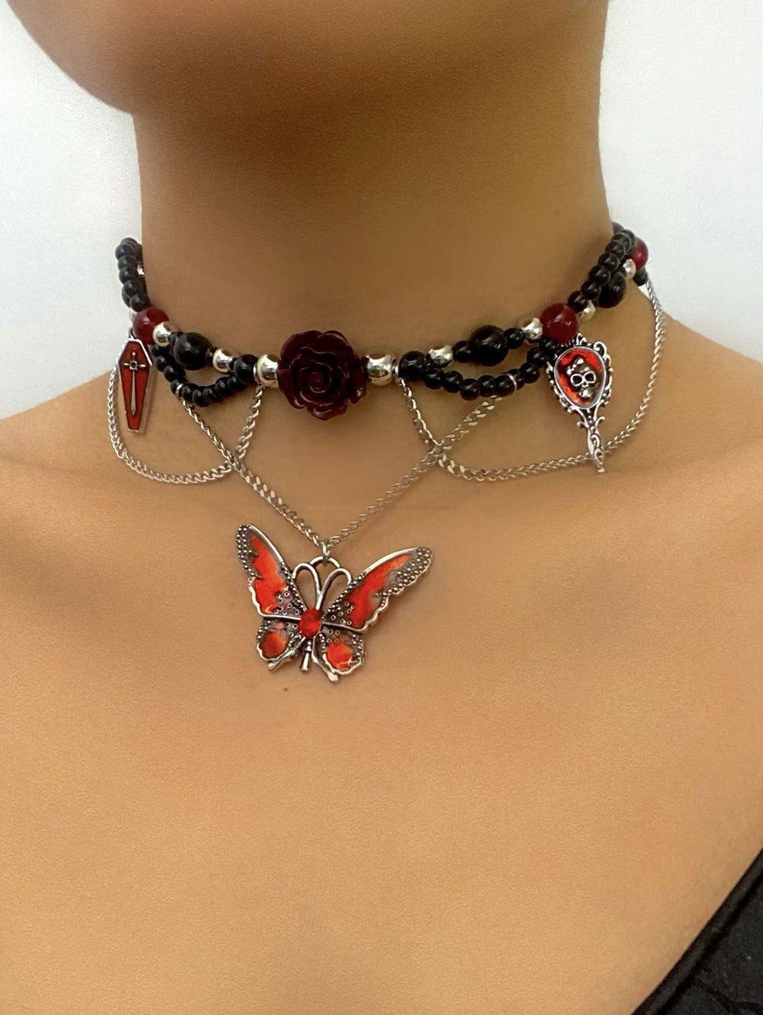 Gothic Beaded Rose Butterfly Skull Cross Chain  Necklace for Halloween
