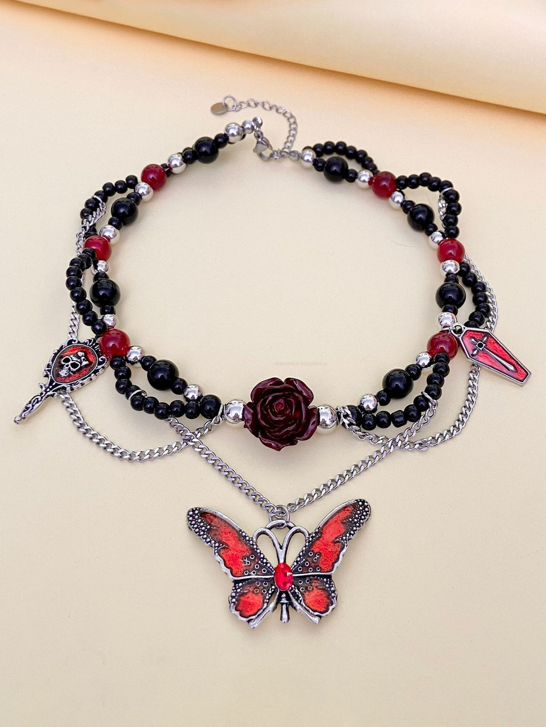 Gothic Beaded Rose Butterfly Skull Cross Chain  Necklace for Halloween