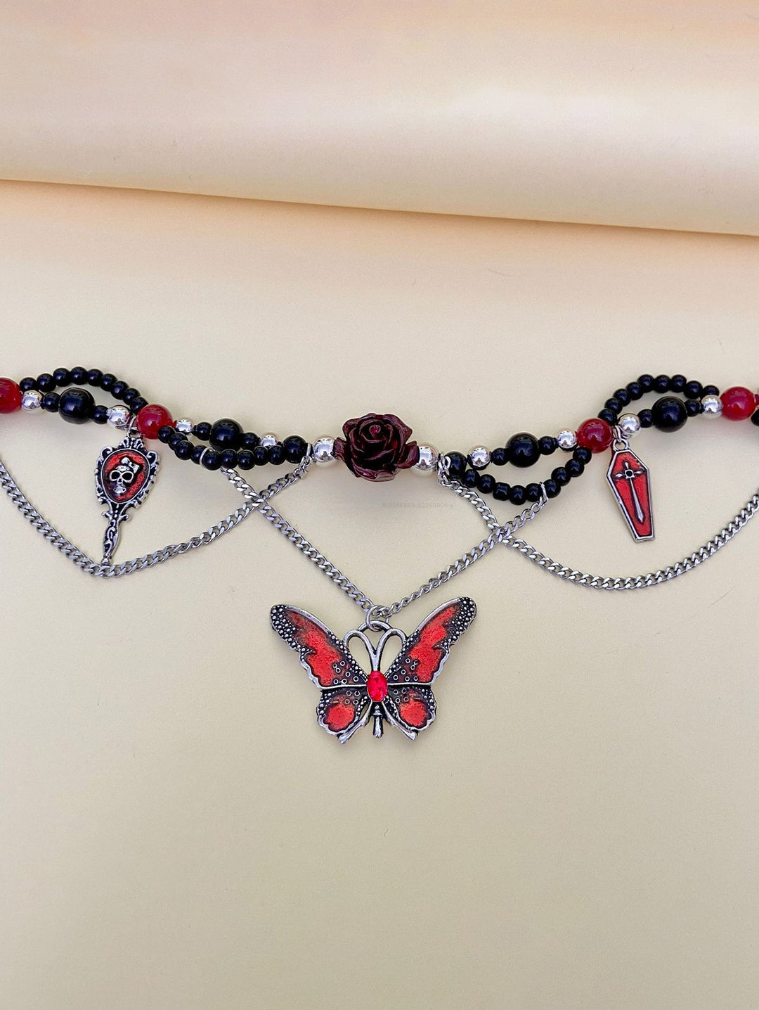 Gothic Beaded Rose Butterfly Skull Cross Chain  Necklace for Halloween