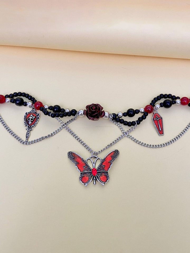Gothic Beaded Rose Butterfly Skull Cross Chain  Necklace for Halloween